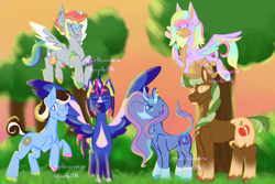 Size: 1800x1200 | Tagged: safe, artist:squirtlesuniverse, derpibooru import, applejack, fluttershy, pinkie pie, rainbow dash, rarity, twilight sparkle, twilight sparkle (alicorn), alicorn, earth pony, pegasus, pony, unicorn, alternate timeline, female, flying, horn, mane six, mare, outdoors, redesign, spread wings, tree, wings