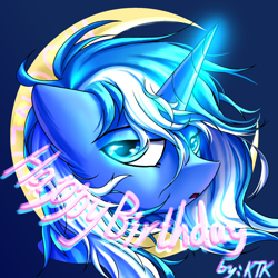 Size: 1400x1400 | Tagged: safe, artist:ktk's sky, derpibooru import, oc, oc:moonlightbenighted, pony, unicorn, birthday, female, headphones, mare, moon, solo