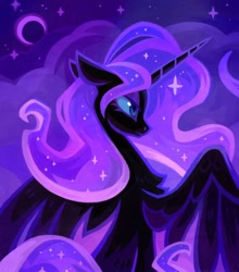 Size: 1080x1230 | Tagged: safe, artist:adreamera, derpibooru import, nightmare moon, alicorn, pony, crescent moon, female, mare, moon, night, sitting, solo, spread wings, wings