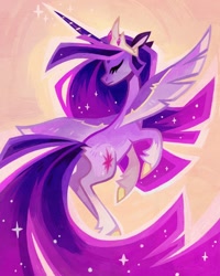 Size: 1080x1350 | Tagged: safe, artist:adreamera, artist:art_adreamera, derpibooru import, princess twilight 2.0, twilight sparkle, twilight sparkle (alicorn), alicorn, pony, the last problem, crown, cutie mark, ethereal mane, eyes closed, female, flying, horn, jewelry, mare, older, older twilight, regalia, solo, solo female, sparkles, spread wings, starry mane, wings