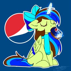 Size: 1733x1741 | Tagged: artist needed, safe, derpibooru import, oc, oc only, oc:epsi, alicorn, pony, clothes, cute, drinking, ethanepsc4, female, mare, pepsi, scarf, soda