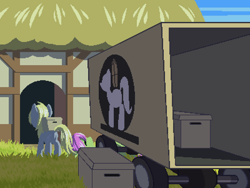 Size: 800x600 | Tagged: safe, artist:rangelost, derpibooru import, derpy hooves, merry may, pegasus, pony, box, cyoa:d20 pony, duo, female, grass, house, mare, outdoors, sky, wagon