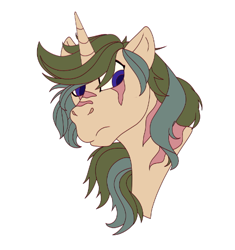 Size: 494x525 | Tagged: safe, artist:shirofluff, derpibooru import, oc, oc:scorcher, ghoul, pony, undead, unicorn, fallout equestria, g1, bust, portrait, retro, scar, solo, wip