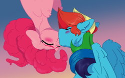 Size: 1280x803 | Tagged: safe, artist:mushroomdoggo, derpibooru import, pinkie pie, rainbow dash, earth pony, pegasus, pony, female, kissing, lesbian, pinkiedash, shipping, upside down