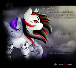 Size: 2000x1800 | Tagged: safe, artist:mychelle, derpibooru import, oc, oc:blackjack, oc:morning glory (project horizons), cyborg, fallout equestria, fallout equestria: project horizons, brand, branding, cloud, cloudy, cyberpunk, dashite, dashite brand, eyes closed, gray, inspired by a song, level 1 (project horizons), looking forward, mechanical legs, neck hug, prosthetic limb, prosthetics, purple mane, sad, text, windswept mane