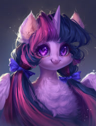 Size: 1000x1316 | Tagged: safe, artist:makkah, derpibooru import, twilight sparkle, twilight sparkle (alicorn), alicorn, pony, beautiful, bow, bust, chest fluff, cute, ear fluff, ears, female, fluffy, hair bow, mare, pigtails, portrait, smiling, solo, twiabetes, twintails