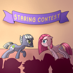 Size: 1000x1000 | Tagged: safe, artist:cappie, derpibooru import, limestone pie, pinkie pie, earth pony, pony, angry, background pony, banner, cheering, contest, crowd, female, mare, pinkamena diane pie, stare, staring contest