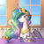 Size: 1000x1000 | Tagged: safe, artist:cappie, derpibooru import, princess celestia, alicorn, pony, bored, breakfast, celestia is not amused, crown, cup, cupcake, food, fork, fruit, jewelry, magic, muffin, regalia, solo, table, unamused, window