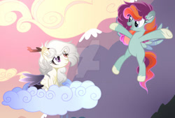 Size: 900x609 | Tagged: safe, artist:magicallightsentryyt, derpibooru import, oc, oc only, oc:astral chaotic paw, oc:cloudy storm, hybrid, pegasus, pony, cloud, deviantart watermark, female, interspecies offspring, mare, obtrusive watermark, offspring, parent:discord, parent:fluttershy, parent:rainbow dash, parent:soarin', parents:discoshy, parents:soarindash, watermark