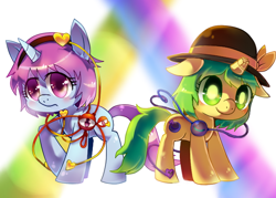 Size: 700x500 | Tagged: safe, artist:sukeyfour, derpibooru import, pony, unicorn, broken horn, crossover, duo, female, hat, horn, komeiji koishi, komeiji satori, mare, ponified, siblings, sisters, touhou