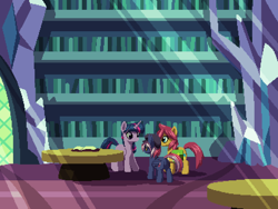 Size: 800x600 | Tagged: safe, artist:rangelost, derpibooru import, twilight sparkle, oc, oc:moonflower, oc:trailblazer, alicorn, bat pony, earth pony, pony, bat pony oc, book, cap, cyoa:d20 pony, female, hat, indoors, library, mare, trio, twilight's castle