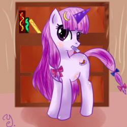 Size: 893x894 | Tagged: artist needed, safe, derpibooru import, pony, unicorn, book, crossover, female, library, mare, patchouli knowledge, ponified, touhou