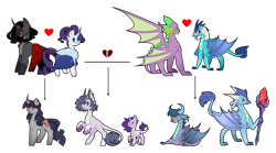 Size: 1280x712 | Tagged: safe, artist:mathisnotmy, derpibooru import, king sombra, princess ember, rarity, spike, oc, oc:amethyst flame, oc:apatite, oc:faint, oc:nephritis, oc:night passion, dracony, dragon, hybrid, pony, unicorn, adult, adult spike, bloodstone scepter, divorce, emberspike, family tree, female, half-siblings, interspecies offspring, male, offspring, older, older spike, parent:king sombra, parent:princess ember, parent:rarity, parent:spike, parents:emberspike, parents:sombrarity, parents:sparity, shipping, simple background, sombrarity, sparity, straight, transparent background, winged spike