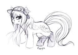 Size: 640x454 | Tagged: safe, artist:puppy12, derpibooru import, pony, crossover, female, hat, hinanai tenshi, mare, monochrome, ponified, solo, touhou, traditional art