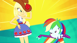 Size: 1280x720 | Tagged: safe, derpibooru import, screencap, applejack, rainbow dash, eqg summertime shorts, equestria girls, raise this roof, armpits, bare shoulders, clothes, cowboy hat, cutie mark, cutie mark on clothes, devil horn (gesture), dress, duo, duo female, fall formal outfits, female, fingerless gloves, freckles, gloves, hat, sleeveless, strapless