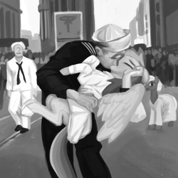 Size: 1000x1000 | Tagged: safe, artist:redruin01, derpibooru import, rainbow dash, oc, oc:anon, pegasus, pony, black and white, carrying, clothes, embrace, grayscale, holding a pony, kissing, monochrome, sailor uniform, times square, uniform, v-j day in times square, world war ii