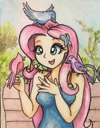 Size: 630x808 | Tagged: safe, artist:astevenamedwolf, derpibooru import, fluttershy, bird, better together, equestria girls, bare shoulders, female, sleeveless, traditional art