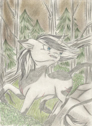 Size: 2097x2860 | Tagged: safe, artist:cindertale, derpibooru import, oc, oc only, pony, unicorn, forest, horn, looking back, outdoors, raised hoof, raised leg, solo, traditional art, tree, unicorn oc