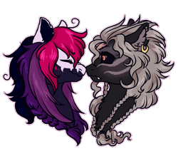 Size: 750x700 | Tagged: safe, artist:lavvythejackalope, derpibooru import, oc, oc only, earth pony, pony, bust, commission, duo, ear fluff, ear piercing, earring, ears, earth pony oc, eyes closed, jewelry, looking at each other, piercing, simple background, smiling, transparent background, ych result