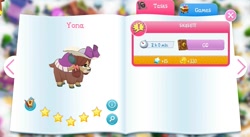 Size: 1043x573 | Tagged: safe, derpibooru import, screencap, yona, yak, clothes, female, gameloft, hat, stars