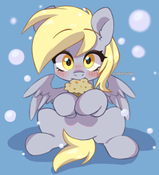 Size: 1000x1100 | Tagged: safe, artist:cottonsweets, derpibooru import, derpy hooves, pegasus, pony, blushing, cute, derpabetes, female, food, mare, muffin, sitting, solo