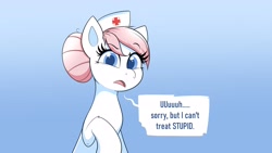 Size: 4096x2304 | Tagged: safe, artist:confetticakez, derpibooru import, nurse redheart, earth pony, pony, dialogue, female, frown, gradient background, looking at you, mare, raised eyebrow, raised hoof, raised leg, sitting, solo, speech bubble, talking to viewer