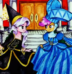 Size: 2967x3072 | Tagged: safe, artist:liaaqila, derpibooru import, diamond tiara, scootaloo, equestria girls, clothes, commission, costume, curtsey, dress, hat, hennin, jewelry, looking at each other, necklace, traditional art