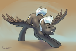 Size: 3000x2000 | Tagged: safe, artist:jedayskayvoker, derpibooru import, thunderlane, pegasus, pony, eyes closed, gradient background, grin, male, sketch, smiling, solo, spread wings, stallion, stretching, stupid sexy thunderlane, wings