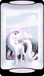 Size: 1500x2595 | Tagged: safe, artist:sixes&sevens, derpibooru import, part of a set, fleur-de-lis, unicorn, cherry blossoms, cloud, female, flower, flower blossom, levitation, magic, minor arcana, pillar, queen of swords, rapier, solo, sword, tarot card, telekinesis, weapon