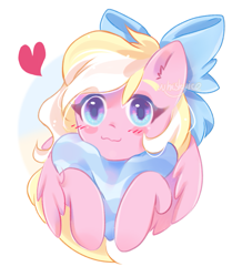 Size: 893x1066 | Tagged: safe, artist:finlywhisk, derpibooru import, oc, oc only, oc:bay breeze, pegasus, pony, blushing, bow, cute, female, hair bow, heart, heart pillow, looking at you, mare, ocbetes, pillow, simple background, white background