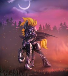 Size: 2550x2850 | Tagged: safe, artist:richmay, derpibooru import, oc, oc:blaze (shadowbolt), pegasus, armor, armored pony, chainmail, fire, forest, looking at you, moon, night guard, night guard armor, pegasus oc, slit eyes, wings