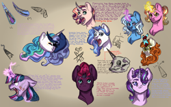 Size: 2000x1257 | Tagged: safe, artist:rainydayjitters, derpibooru import, autumn blaze, luster dawn, princess celestia, princess luna, starlight glimmer, tempest shadow, trixie, twilight sparkle, kirin, pony, angry, curved horn, horn, skull