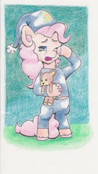 Size: 936x1659 | Tagged: safe, artist:lost marbles, derpibooru import, pinkie pie, earth pony, pony, clothes, female, hat, nightcap, one eye closed, open mouth, pajamas, rubbing eyes, sleepy, solo, teary eyes, teddy bear, traditional art, yawn