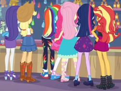 Size: 2553x1920 | Tagged: safe, derpibooru import, screencap, applejack, fluttershy, pinkie pie, rainbow dash, rarity, sci-twi, sunset shimmer, twilight sparkle, equestria girls, equestria girls series, rollercoaster of friendship, applejack's hat, boots, clothes, converse, cowboy boots, cowboy hat, cropped, cutie mark, cutie mark on clothes, female, hat, high heels, hoodie, humane five, humane seven, humane six, photo booth (song), ponytail, rarity peplum dress, rear view, shoes, sneakers