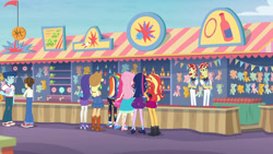 Size: 3410x1920 | Tagged: safe, derpibooru import, screencap, applejack, curly winds, flam, flim, fluttershy, pinkie pie, rainbow dash, rarity, sci-twi, some blue guy, sunset shimmer, twilight sparkle, wiz kid, better together, equestria girls, rollercoaster of friendship, applejack's hat, boots, clothes, converse, cowboy boots, cowboy hat, crossed arms, cutie mark, cutie mark on clothes, duo, duo male, eyes closed, female, flim flam brothers, hat, high heels, hoodie, humane five, humane seven, humane six, male, photo booth (song), ponytail, rarity peplum dress, rear view, shoes, sneakers