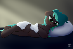 Size: 4000x2700 | Tagged: safe, artist:potato22, derpibooru import, oc, oc only, oc:breeze packets, earth pony, pony, bed, blanket, female, lidded eyes, looking at you, lying down, mare, on side, solo