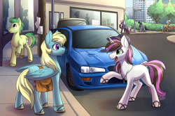 Size: 1280x854 | Tagged: safe, artist:cosmalumi, artist:jedayskayvoker, derpibooru import, oc, oc only, oc:rosy stripes, earth pony, pony, unicorn, fanfic art, subaru, subaru impreza