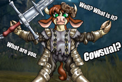 Size: 1280x854 | Tagged: safe, artist:korencz11, derpibooru import, arizona cow, them's fightin' herds, armor, arms spread out, bipedal, casual, community related, crossover, dark souls, giantdad, giants, looking at you, mask, meme, pun, solo, sword, text, underhoof, weapon, zweihander