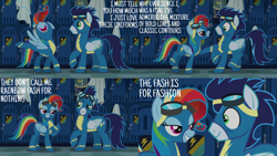 Size: 2000x1125 | Tagged: safe, derpibooru import, edit, edited screencap, editor:quoterific, screencap, rainbow dash, soarin', pegasus, pony, newbie dash, clothes, female, goggles, male, mare, nose in the air, soarindash, stallion, uniform, wonderbolts uniform