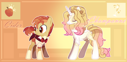 Size: 3218x1577 | Tagged: safe, artist:beautifulspaceshow, derpibooru import, oc, oc only, oc:golden champagne, oc:golden cider (ice1517), earth pony, pony, unicorn, bowtie, brother and sister, clothes, coat, coat markings, eyes closed, female, freckles, male, mare, multicolored hair, shirt, siblings, socks, stallion, stockings, thigh highs