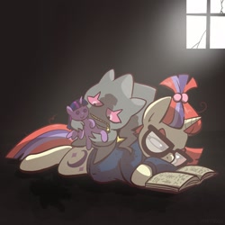 Size: 2048x2048 | Tagged: safe, artist:pfeffaroo, derpibooru import, moondancer, pony, unicorn, banette, book, clothes, duo, female, frown, glasses, grudge, high res, holding, indoors, looking at something, lying down, mare, moondancer's sweater, plushie, pokémon, prone, reading, sweater, twilight sparkle plushie, window