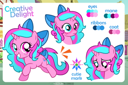 Size: 1200x798 | Tagged: safe, artist:jennieoo, derpibooru import, oc, oc:creative delight, pony, unicorn, female, filly, foal, happy, reference, reference sheet, ribbon, running, sad, shy, smiling, solo, vector