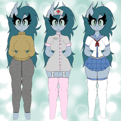 Size: 3543x3543 | Tagged: safe, artist:chubbehbunneh16, derpibooru import, oc, oc only, anthro, bat pony, unguligrade anthro, adorasexy, bat pony oc, clothes, cute, ear fluff, ears, female, garters, hat, mare, name tag, nurse hat, nurse outfit, pants, school uniform, sexy, skirt, socks, stockings, sweater, sweatpants, thigh highs