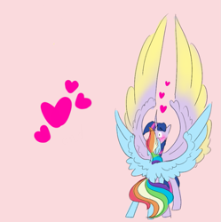 Size: 827x829 | Tagged: safe, artist:mushroompone, derpibooru import, rainbow dash, twilight sparkle, twilight sparkle (alicorn), alicorn, pegasus, pony, blushing, colored wings, colored wingtips, cute, dashabetes, ears, eyes closed, female, floating heart, floppy ears, gasp, heart, horn, kissing, large wings, lesbian, long horn, pink background, shipping, shocked, showing off, simple background, size difference, spread wings, twiabetes, twidash, wings