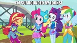 Size: 888x499 | Tagged: safe, derpibooru import, edit, edited screencap, editor:applejackfan204, screencap, pinkie pie, rainbow dash, rarity, sunset shimmer, equestria girls, friendship games, caption, image macro, text