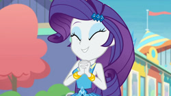 Size: 3410x1920 | Tagged: safe, derpibooru import, screencap, rarity, equestria girls, equestria girls series, rollercoaster of friendship, ^^, bracelet, clothes, cute, cutie mark, cutie mark on clothes, daaaaaaaaaaaw, equestria land, eyes closed, female, hairpin, hnnng, jewelry, raribetes, rarity peplum dress, smiling, solo