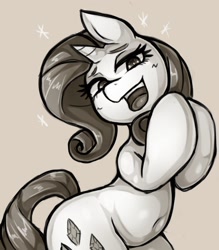 Size: 1350x1543 | Tagged: safe, artist:kyouman1010, derpibooru import, rarity, pony, unicorn, belly, belly button, eyeshadow, female, grayscale, makeup, mare, monochrome, open mouth, smiling, solo