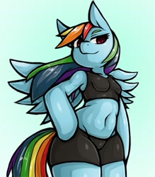 Size: 1350x1543 | Tagged: safe, artist:kyouman1010, derpibooru import, rainbow dash, anthro, pegasus, arm hooves, belly button, breasts, clothes, compression shorts, lidded eyes, small breasts, smiling, smirk, solo, sports bra