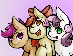 Size: 1833x1399 | Tagged: safe, artist:kyouman1010, derpibooru import, apple bloom, scootaloo, sweetie belle, earth pony, pegasus, pony, unicorn, apple bloom's bow, bow, cutie mark crusaders, female, filly, gradient background, hair bow, looking at you, open mouth, smiling, trio