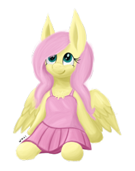 Size: 1371x1728 | Tagged: safe, artist:wapamario63, fluttershy, pegasus, pony, big ears, chest fluff, clothes, cute, dress, ears, female, mare, shyabetes, simple background, sitting, solo, transparent background, wings